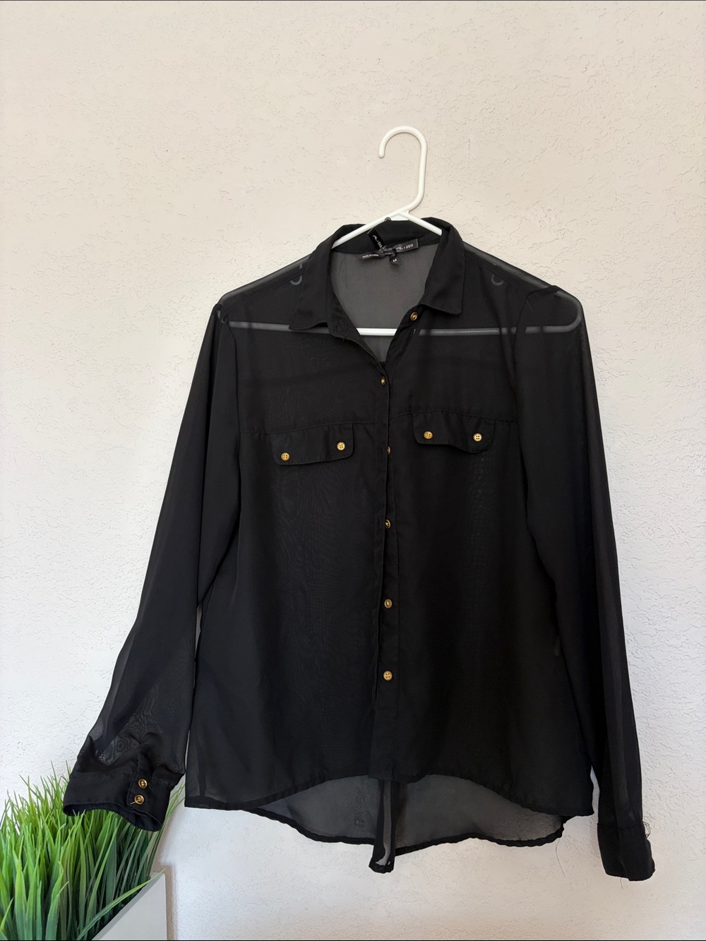 Ali & Kris Black Sheer Button-Up Blouse with Gold Buttons